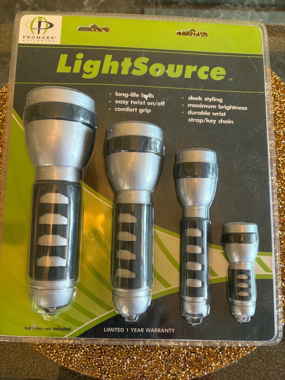 Set of 4 NWT Metallic Silver and Black LED Flashlights. Batteries not included